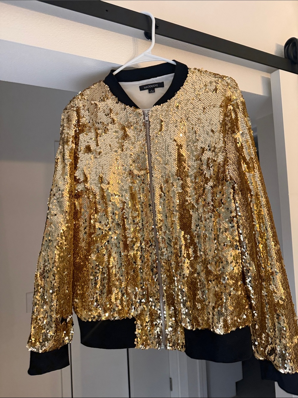 Halogen Gold Sequin Bomber with Black Trim XL